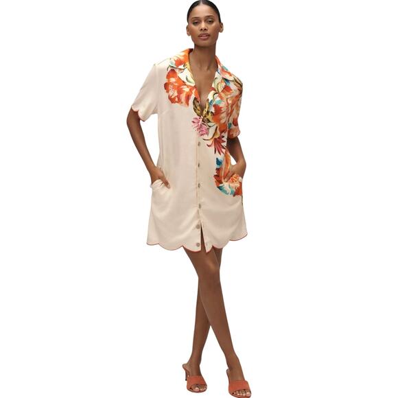 XL-Farm Rio Anthropologie Womens Shirt Dress XL Linen Blend Floral Button Front - Picture 9 of 15